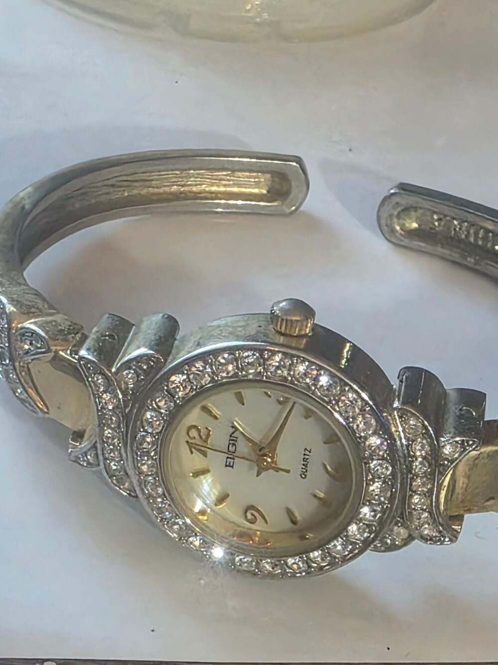 Elgin Women's Rhinestone Accented Two-Tone Cuff Bangle Quartz Watch